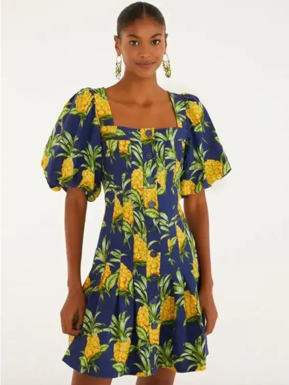 NWT Farm Rio Linen Delicate Pineapple Navy Blue Mini Dress